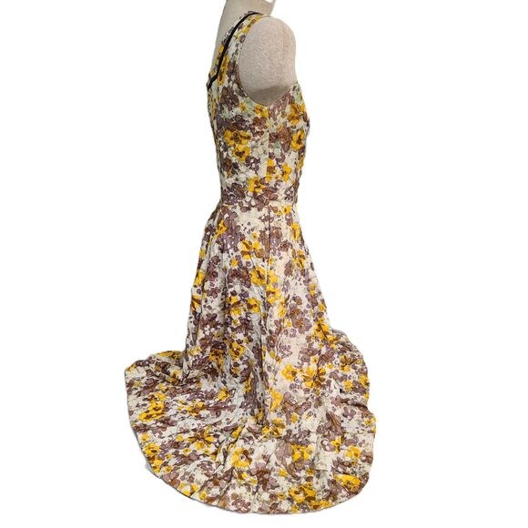 Vintage 1950s Georgette Yellow Floral Dress SMALL Midi Square Neck *Repaired* S - Picture 3 of 8